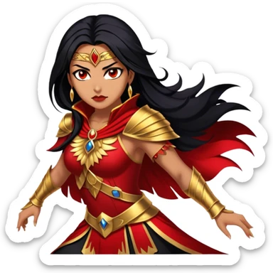 Cinematic Stunning Mulan Portrait Emoji, Fierce yet graceful, flowing raven-black hair, piercing brown eyes filled with determination, adorned in regal red and gold warrior attire, glowing with the strength and beauty of a true heroine, an elegant warrior in her prime! sticker