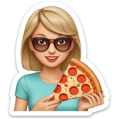 Taylor Swift, wearing sun glasses, holding a slice of pizza





































 sticker