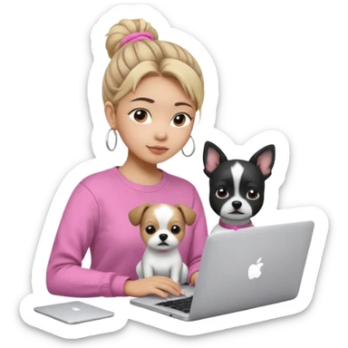 Asian girl with messy bun hair, wearing a white t-shirt, working on an Apple laptop, next to her is a small black and white dog in pink sweater sticker