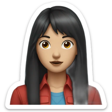 girl with long black hair, thick bangs, blue eyes, red vest and shirt sticker