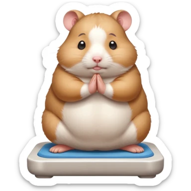 Cute chubby cartoon-style hamster standing on a bathroom scale, looking nervous with praying hands. Painterly shading, closed eyes, white background, sticker-style illustration sticker