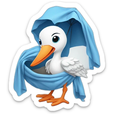 White stork carrying a blue bundle of cloth in its big beak that has a cute human person cute baby boy inside and his head is peeking from the fabric the strok is carrying in its beak sticker