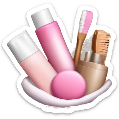 little brown basket with pink and white beauty products inside like shampoos and make up sticker