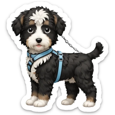 Black and white aussiedoodle puppy in side profile wearing harness and a leash sticker