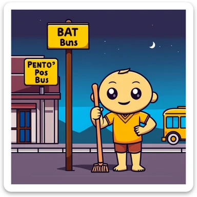 humanoid wooden club with big cartoon eyes and wide smile, barefoot, standing at a dark street bus stop under a dim streetlight, holding a bat, background sign 'Pentung Pos Ronda' sticker