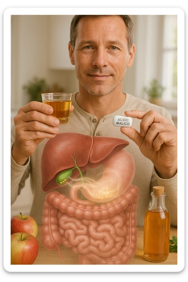 A detailed, realistic illustration or photo-style image showing a person holding a small glass of apple cider vinegar in one hand and a capsule labeled ‘Acido Malico’ in the other. In the foreground or as an overlay, a semi-transparent anatomical view of the abdomen highlights the gallbladder with visible small gallstones inside. Around the gallstones, gentle glowing waves or soft dissolving effects symbolize the softening or breakdown of the stones due to the natural acids. The person looks hopeful and calm, in a bright kitchen setting with fresh apples and natural health products on the counter. The overall mood is informative, natural, and hopeful about non-invasive, natural support for gallstone health sticker