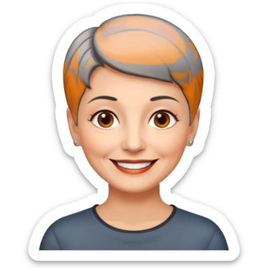 woman 60 years old, shaved short dark grey hair, brown eyes smile sticker