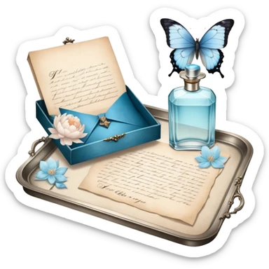 A nostalgic evening scene where an open love letter, with elegantly fading ink, lies next to a silver tray holding a vintage perfume bottle. A single pale blue butterfly lands gently on the aged parchment, as the soft scent of jasmine and peonies fills the air. sticker