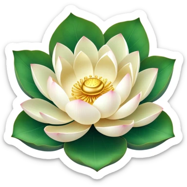 Lotus flower in full bloom with white petals and golden center, round green leaf sticker