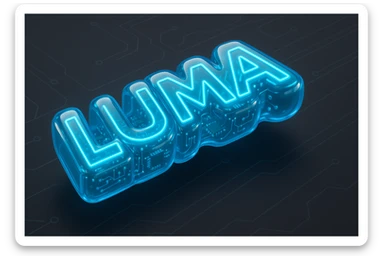 banner design for the word 'Luma' in a Tron-inspired style, featuring a large, bold, highly legible geometric font with neon blue outline and strong glow, set against a dark grey background with circuit-like lines, wide aspect ratio, futuristic digital look sticker