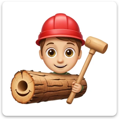 caricature of a smiling wood log with big eyes, holding a small mallet, white background, cute and colorful, apple emoji style sticker