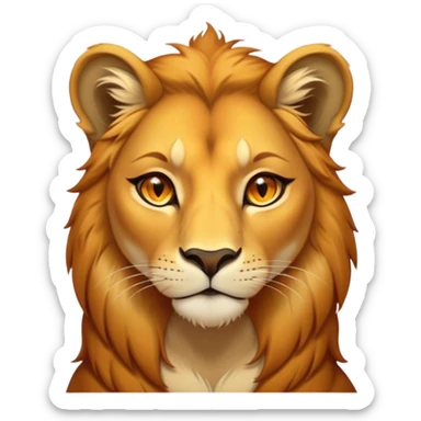 Cinematic Noble Lioness Portrait Emoji, Poised and regal, with a graceful, athletic build and a sleek, tawny Fur, piercing soulful amber eyes, Simplified yet sharp and sophisticated features, highly detailed, glowing with a warm, dignified glow, high shine, intelligent and fierce, stylized with an air of wild elegance, focused and attentive, soft glowing outline, capturing the essence of a watchful and confident lioness, so majestic it feels as though it could silently prowl out of the screen with effortless authority! sticker