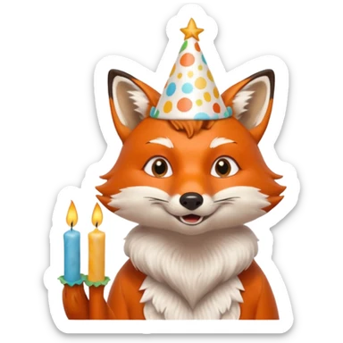 A fox wearing a birthday hat, joyfully blowing candles, portrait, bust up sticker
