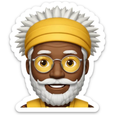 50 year old man, spiky hair, winking one eye, smiling brightly, black skin, raised eyebrows, wearing glasses, white hair and beard, wearing a yellow hat like a tribal chief, emoji style, style 1 sticker