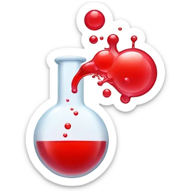 A chemical flask with red liquid inside and bubbles sticker