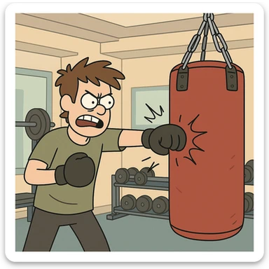 Hit a punching bag – to punch a padded bag for exercise or stress relief.
He went to the gym to hit a punching bag and blow off steam. Background Gym
 sticker