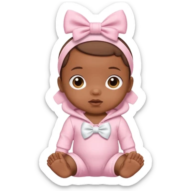 Brown skin baby with satin baby pink onesie and white bow sticker
