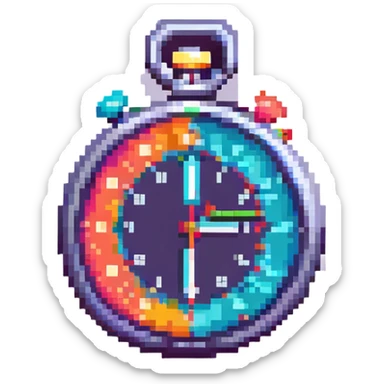 A stopwatch in pixel art style, blocky and retro, vibrant colors sticker