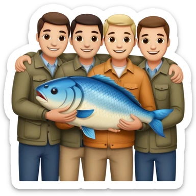 group of men huggin/holding a fish sticker