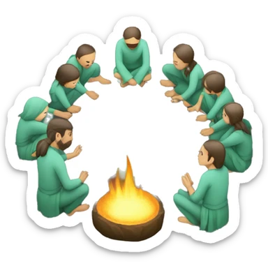 ritual with 7 people kneeling in a circle with green flame in the middle  sticker
