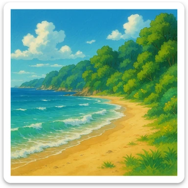 ghibli style coast with sandy beach, gentle waves, and lush greenery sticker
