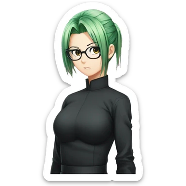 Maki zenin from jujutsu kaisen, Green hair tied one pony tail, visible glasses, serious face, wear black leggings, Jujutsu kaisen women uniform sticker