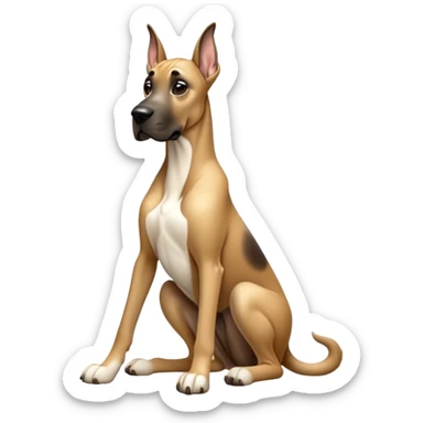 cinematic-[fawn great dane]-realistic-full-body-sitting-emoji,-tail-resting-loosely-beside-its-paws,-head-tilted-dramatically,-sleek-[fawn]-fur,-simplified-yet-realistic-focused-features,-highly-detailed,-glowing-with-an-almost-sarcastic-glow sticker