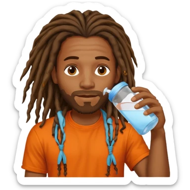Brownskin man with long dreadlocks orange shirt drinking water sticker