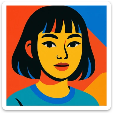 portrait of a girl with black shoulder-length hair, bangs, black almond-shaped eyes, full lips, and straight nose, in vibrant toon style sticker
