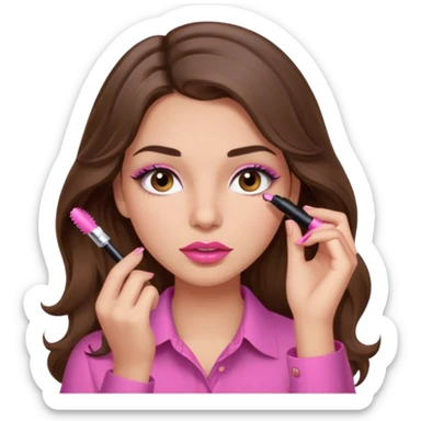 girl with long wavy brown hair, brown eyes, light to medium complexion, in a pink shirt, pink lips, long lashes, puckered lips, putting on mascara sticker