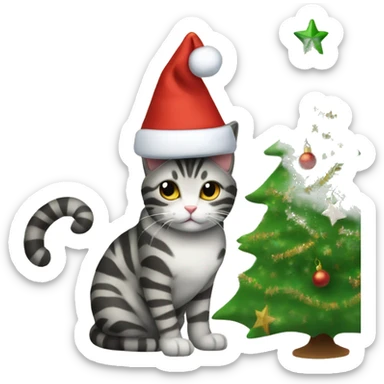 striped cat in a New Year's hat next to the Christmas tree sticker