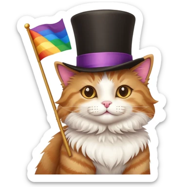 Cat wearing a top hat and holding a pride flag sticker