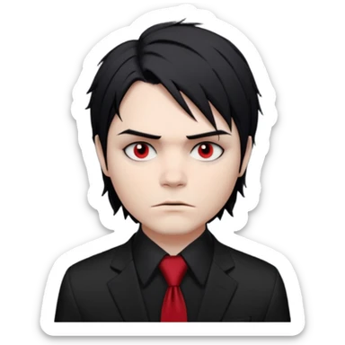 🎨 Classic Emoji — Gerard Way (Revenge Era)
Round, simplified emoji style
Pale skin tone
Jet-black, shoulder-length hair messy and emo
Heavy eyeliner and slight red shadow under the eyes
Subtle serious / melancholic expression
Hint of red tie visible on black button up shirt.
Transparent background sticker