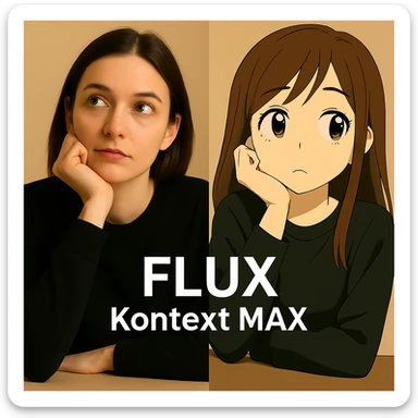 same similar image but chnage the text to "Flux Kontext Max", change people and pose too sticker