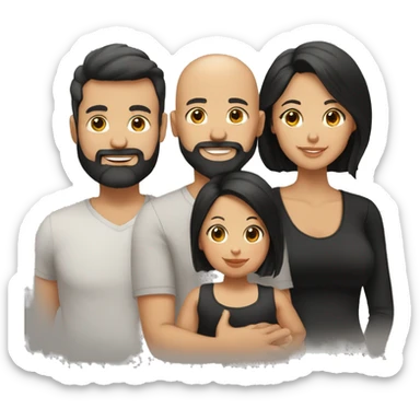 Family, bald tan dad with black beard, pale mom with long straight black hair, tan infant baby girl with black hair sticker