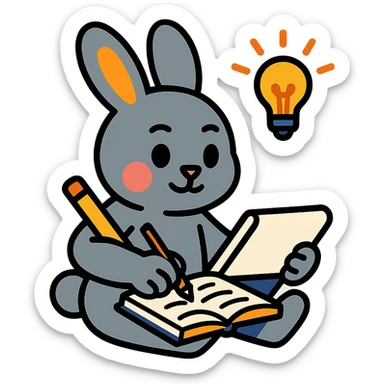 gray bunny writing in notebook with spark of light, vibrant-toon style sticker