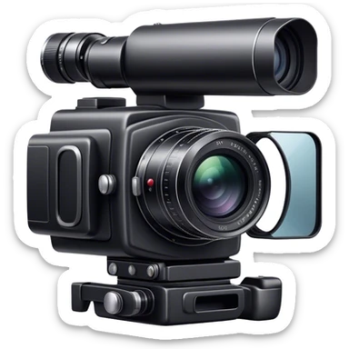 Black professional photo camera, large lens, clear photo shot in the background, sleek design, minimalistic, on a white background, no extra details. sticker