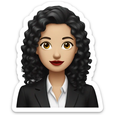 corporate white woman, red lipstick, long black curly hair, black shirt, black blazer  sticker