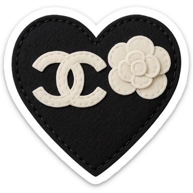 Chanel heart with camellia flower, felt patch style, soft texture, black and white sticker