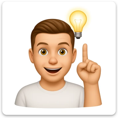 Based on these photos, make an emoji with facial features preserved, man in white t-shirt, got an idea, light bulb over head sticker