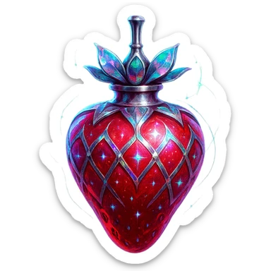 modernus prabangus eliksyro buteliukas, braškės forma, ryški raudona spalva, holografiniai ir sidabriniai ornamentai, stiprūs magiški švytėjimai ir efektai, labai mažas kaklelis, skaidrus fonas, vientisas dugnas, be šešėlio, plūduriuoja ore, kolekcijos stilius sticker