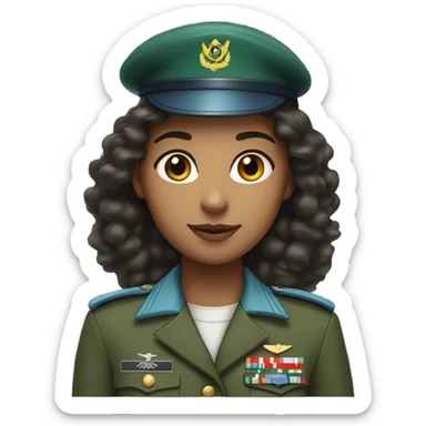 A girl with long curly dark hair wearing a green military uniform and a light blue beret on her head sticker