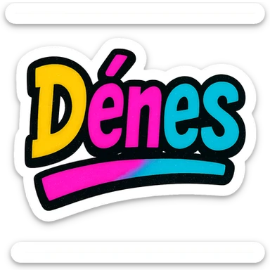 The name 'Dénes' in a modern, colorful gradient font with a dark outline, dynamic, slanted or partial underline, in the style of reference patterns. sticker
