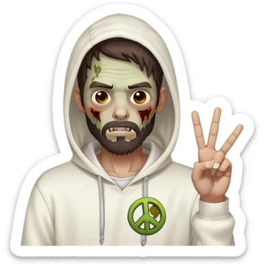 zombie with peace sign gesture wearing plain white hoodie with no designs, dark brown hair and short full beard sticker
