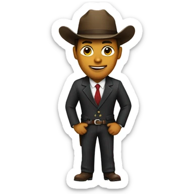 Man in a suit with a cowboy hat sticker