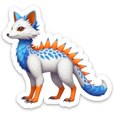 Rare realistic exotic white and neon-blue and neon-orange epic pretty beautiful handsome gorgeous aesthetic colorful vibrant Vernid-Trico-species-Fakemon-creature by LiLaiRa, 4 legs, 1 tail, random markings, (full body) orange spikes on tail  sticker