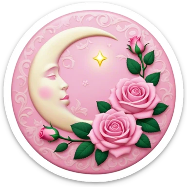 A round pink button with a light cream full damask style moon and pink roses in the center sticker