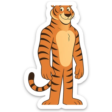 a tall tiger with a gentle smile, approachable and kind, cartoon style sticker