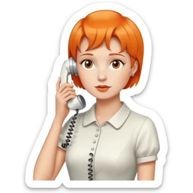 woman with short orange hair holding a vintage white phone to her ear, upper body sticker