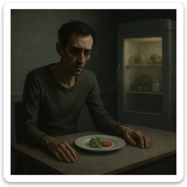 symbolic realism, cinematic style; thin, tired man at minimalist table, plate with only lettuce and tomato, frustrated and weary, sunken eyes, cold empty kitchen, closed fridge with healthy foods inside, expressive face, muted colors sticker